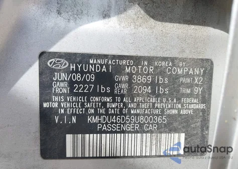 2009 Hyundai Elantra Gls z USA, uszkodzony, nr VIN KMHDU46D59U800365